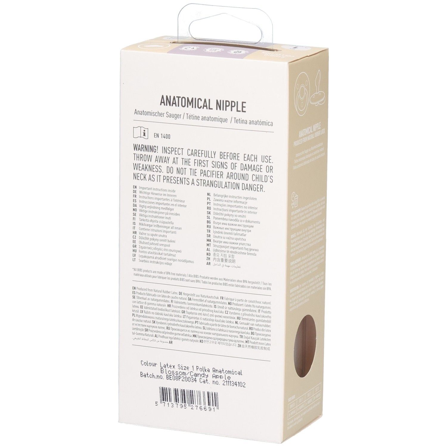 Arrière de l'emballage des sucettes BIBS avec avertissements et informations produit.