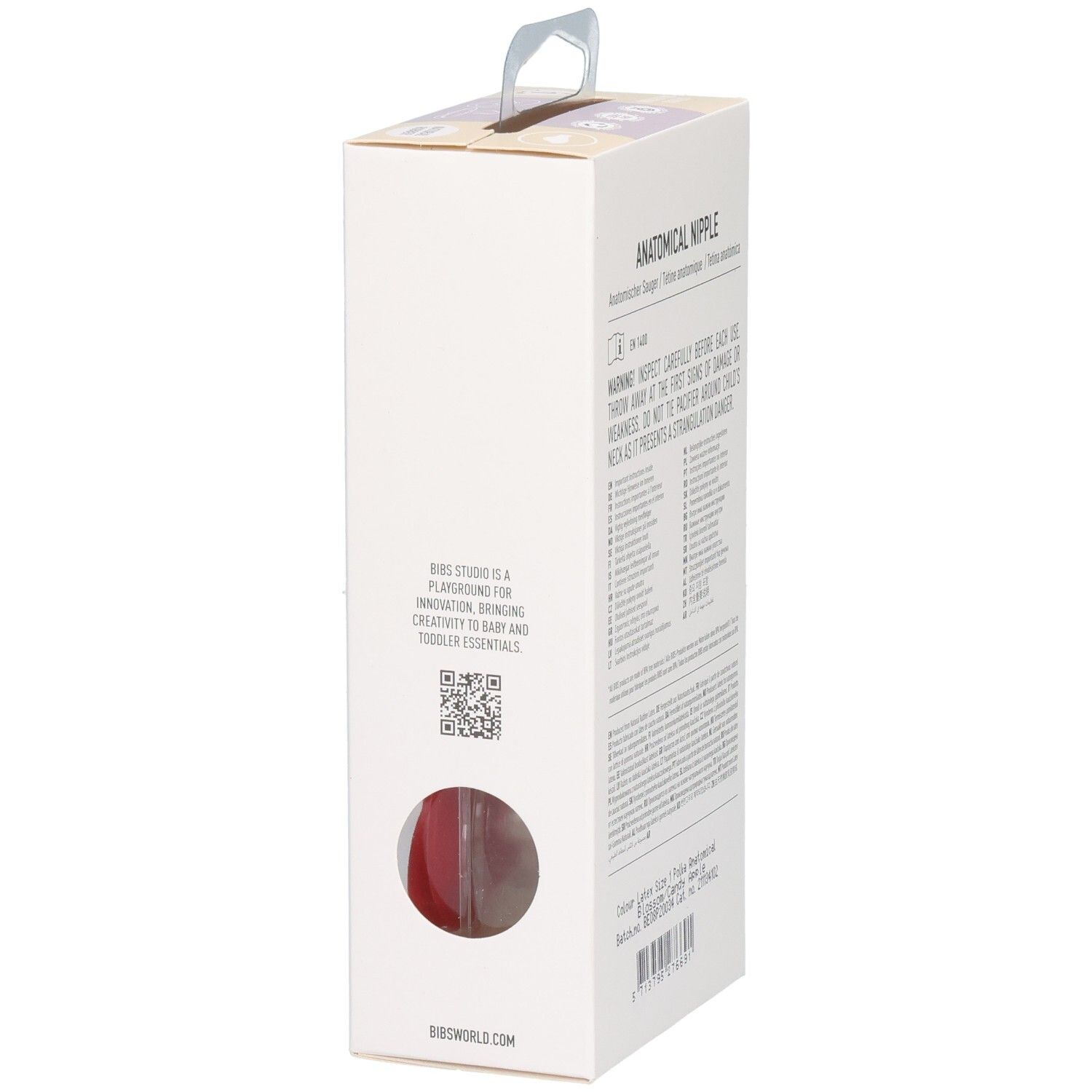 Côté de l'emballage des sucettes BIBS avec informations sur la Studio Collection.