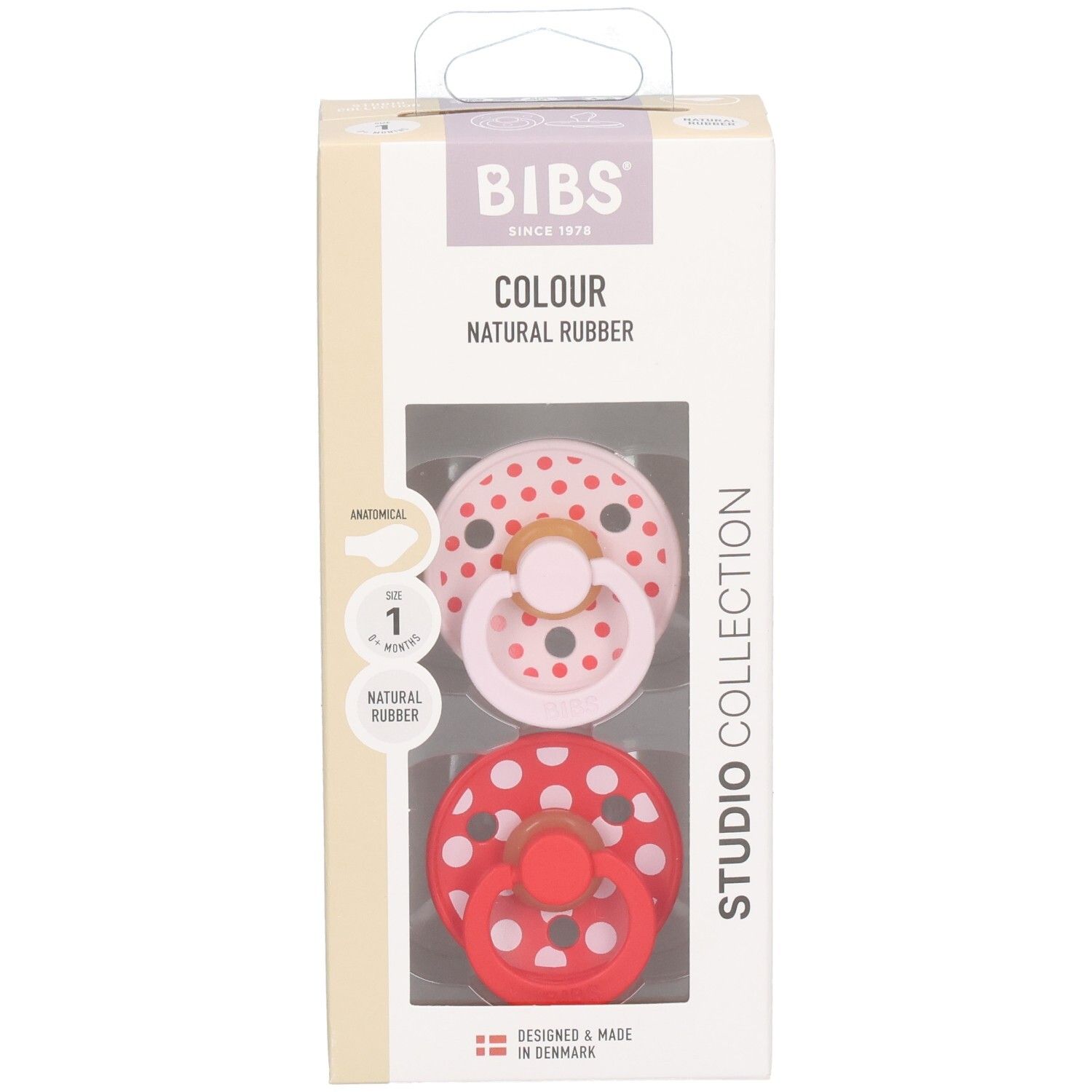 Emballage de deux sucettes BIBS, taille 1, anatomiques, caoutchouc naturel, motif pois.