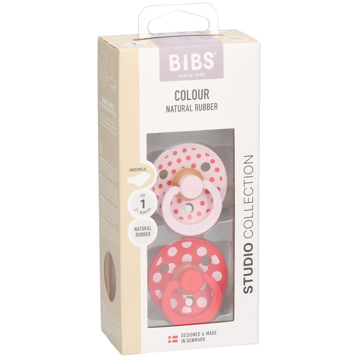 Emballage de deux sucettes BIBS, taille 1, anatomiques, caoutchouc naturel, motif pois.