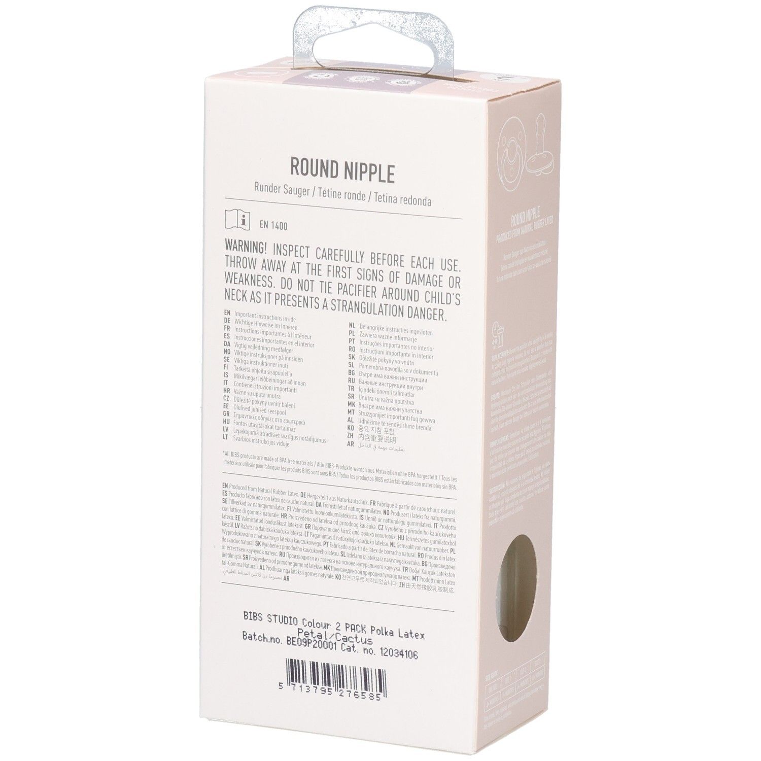 Dos de l'emballage. Texte : Avertissement, forme ronde. Marque : BIBS. Caoutchouc naturel.