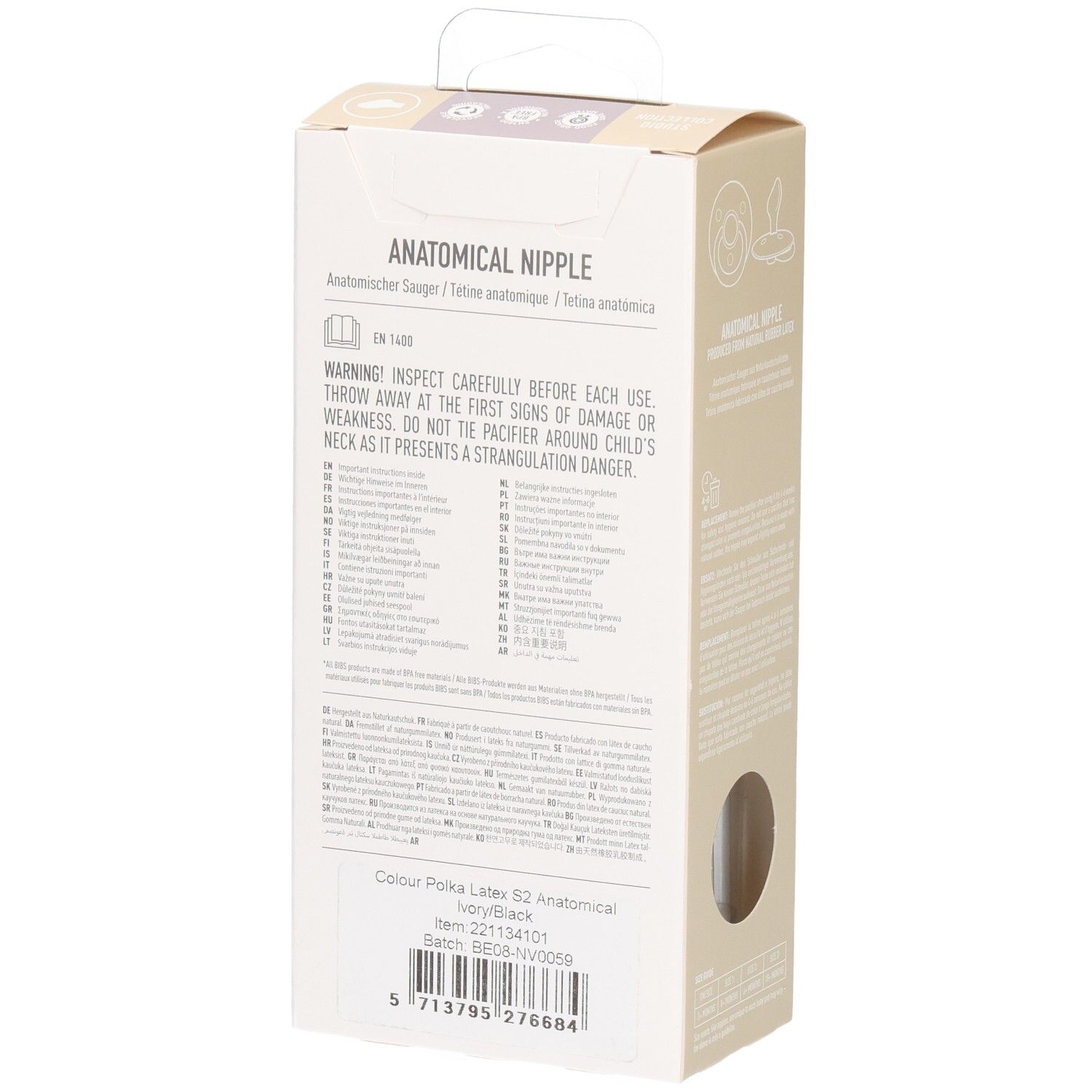 Dos de la boîte. Tétine anatomique. Avertissements et informations produit.