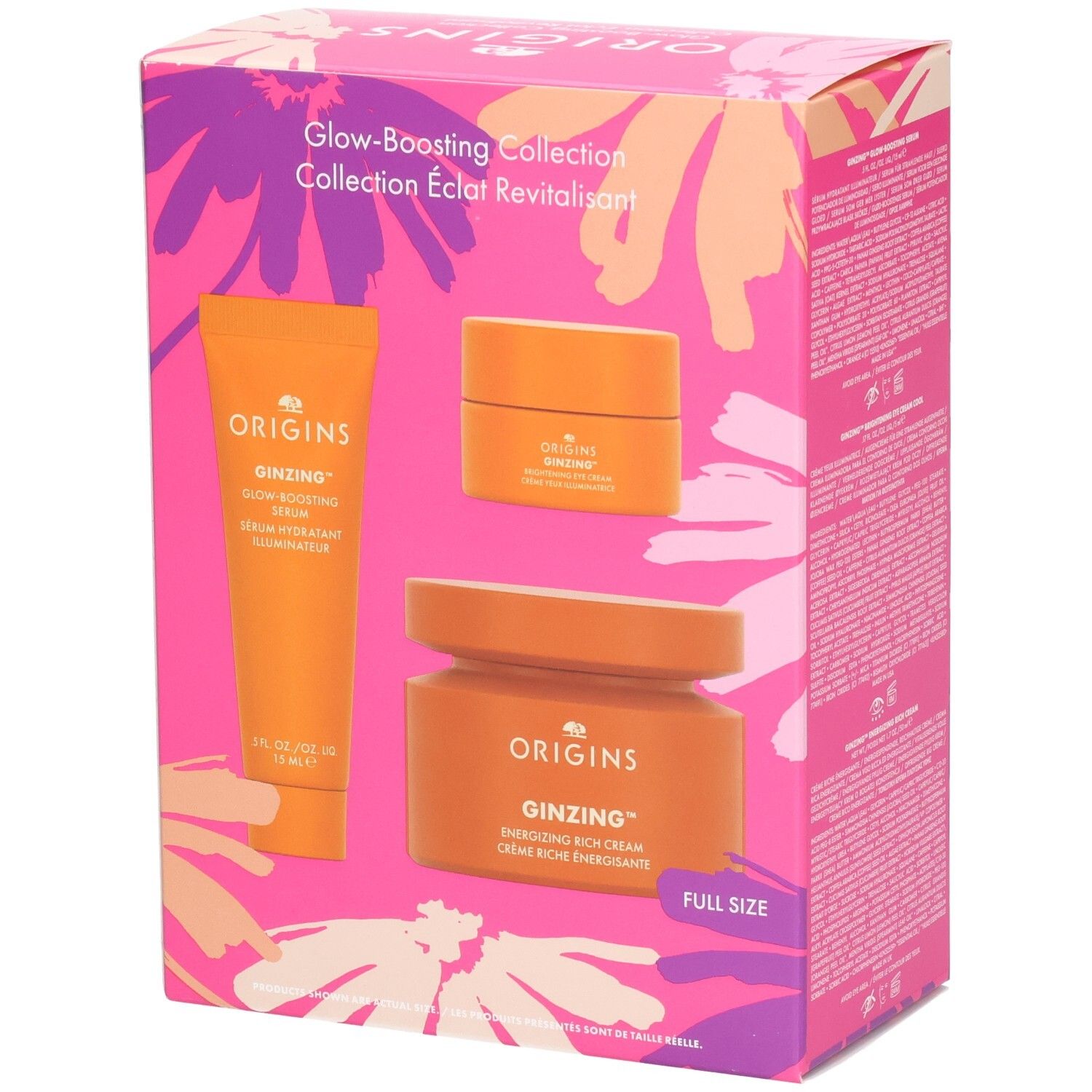 Coffret cadeau avec trois produits oranges. Inscriptions: Origins, Ginzing, Glow-Boosting Serum, Energizing Rich Cream. Emballage floral.