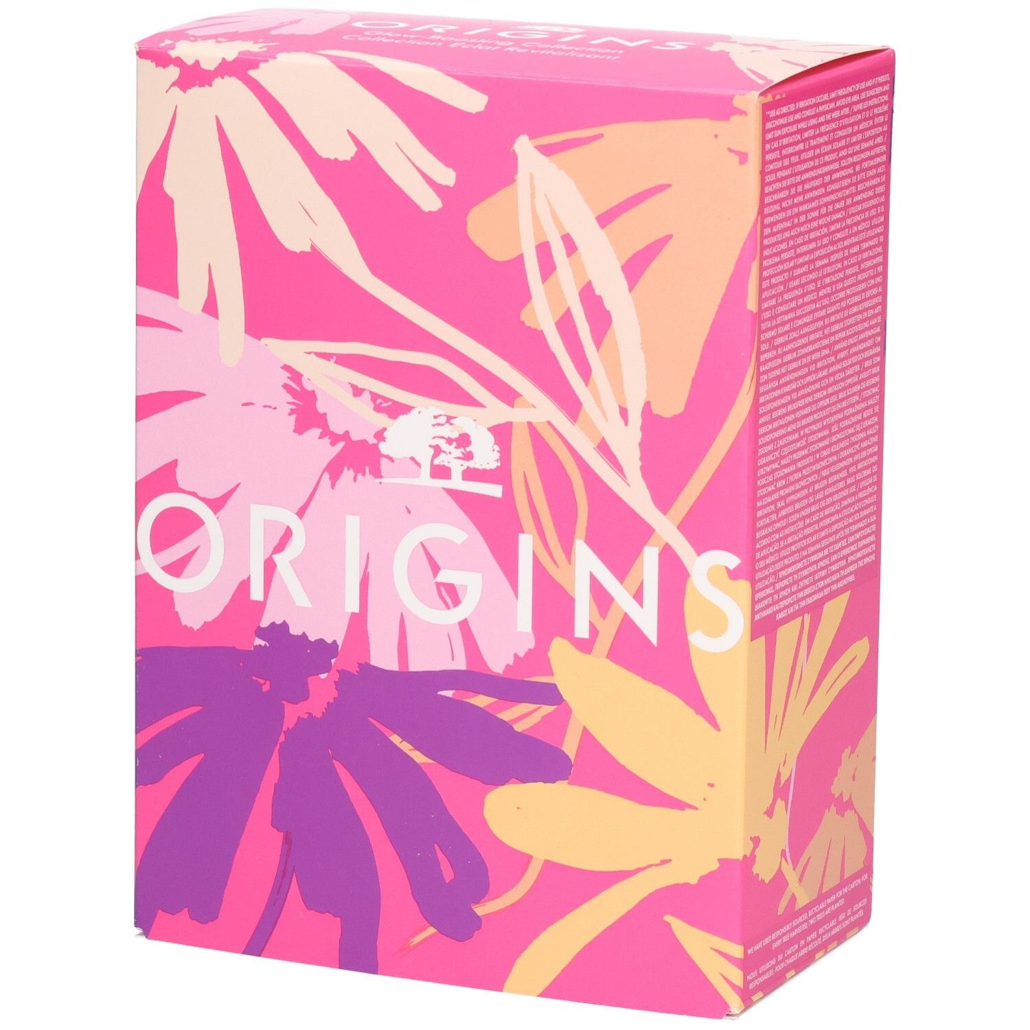 Emballage rose à motifs floraux. Inscription: Origins. Sur le côté: Glow-Boosting Collection. Emballage du produit.