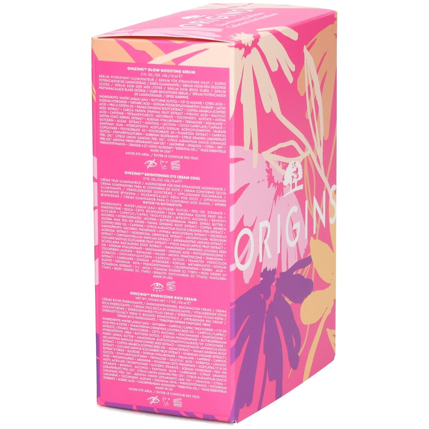 Emballage rose avec texte et motifs floraux. Inscription: Origins. Informations sur le produit sur le côté. Glow-Boosting Collection.