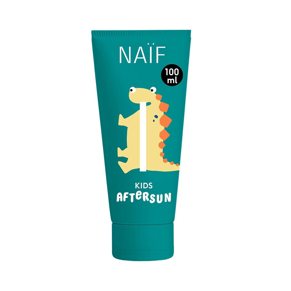 Tube turquoise avec dinosaure jaune. Inscription "NAÏF", "KIDS AFTERSUN" et "100 ml".