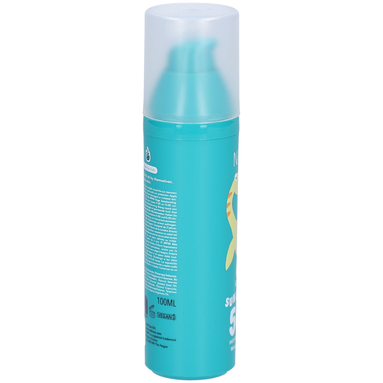 Flacon de crème solaire turquoise. Inscription : Naïf Kids Sun Cream 50. Dos avec texte et logo. 100ml.