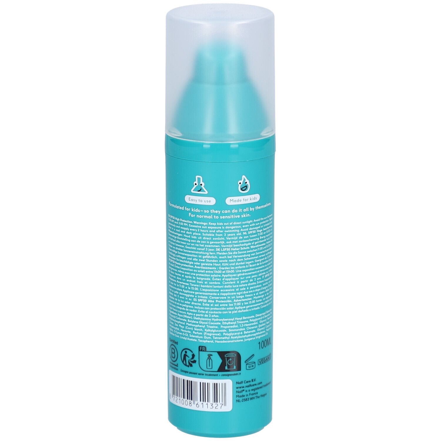 Dos d'un flacon de crème solaire turquoise. Texte et logos. 100ml. Vegan.