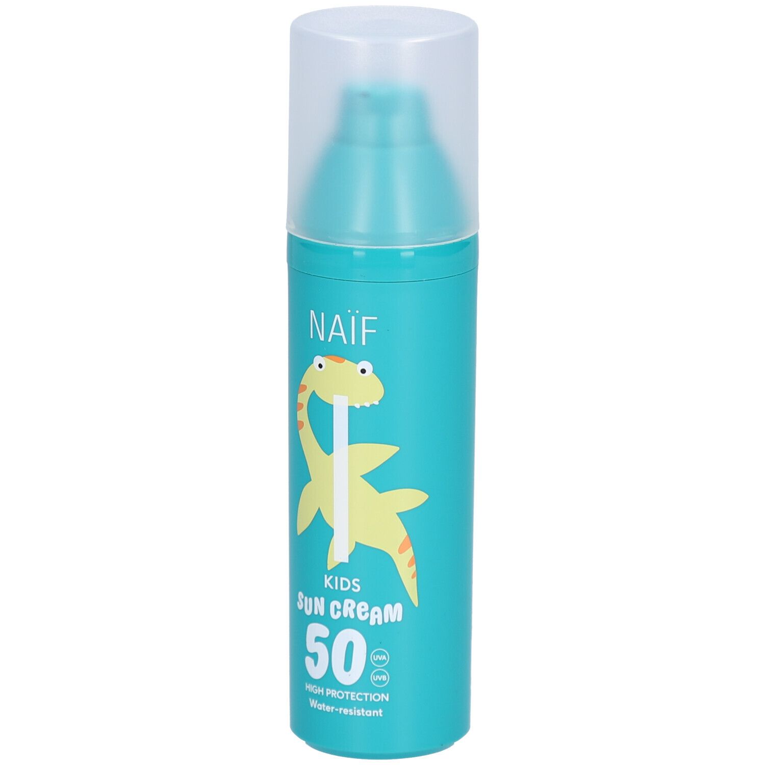Flacon de crème solaire turquoise avec illustration de dinosaure. Inscription : Naïf Kids Sun Cream 50. Résistant à l'eau.