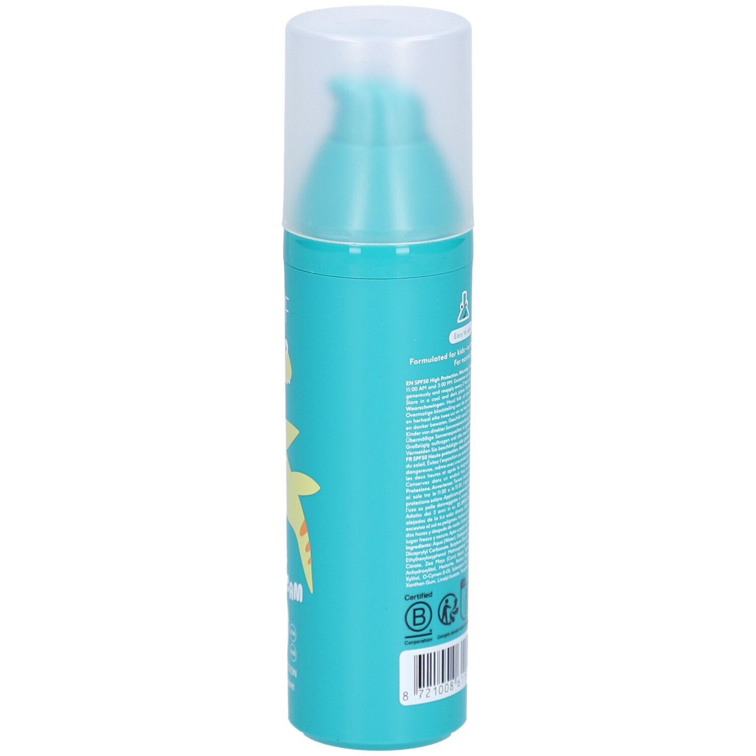Flacon de crème solaire turquoise. Inscription : Naïf Kids Sun Cream 50. Dos avec texte et logo. Vegan.
