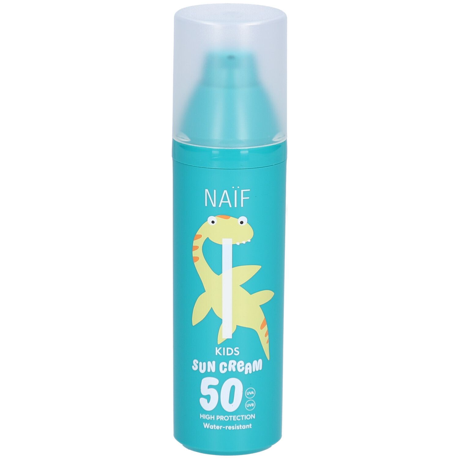 Flacon de crème solaire turquoise avec illustration de dinosaure. Inscription : Naïf Kids Sun Cream 50. Résistant à l'eau.