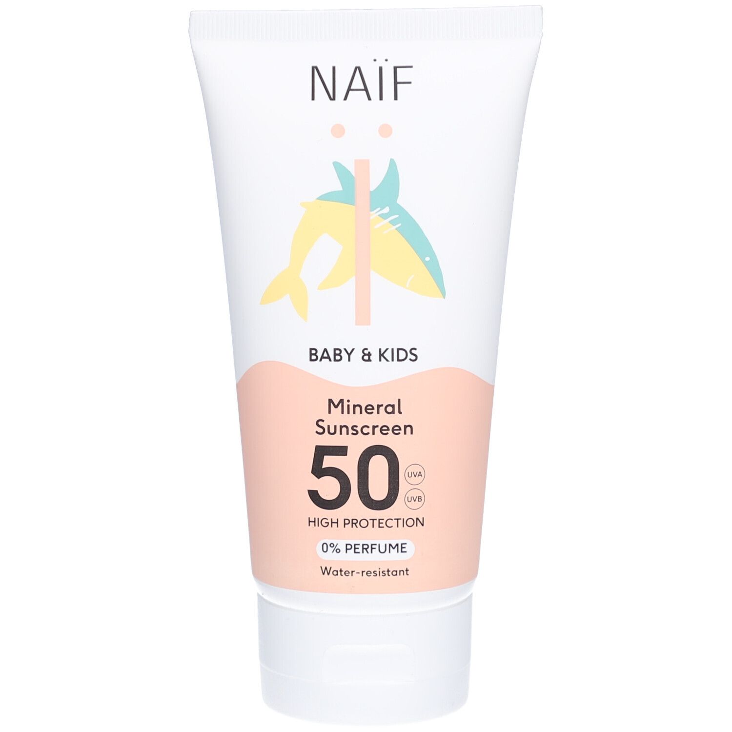 Tube blanc Naïf Baby & Kids Mineral Sunscreen 50. Illustration poisson. 0% parfum. Résistant à l'eau.