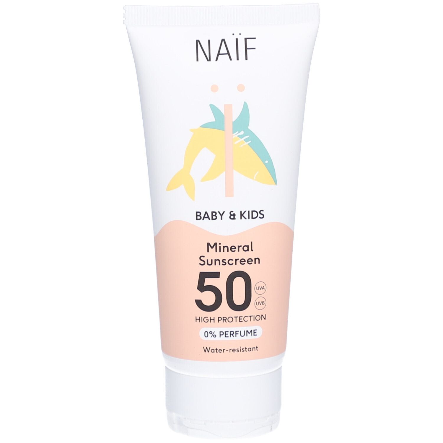 Tube blanc avec logo Naïf et illustration. Inscription : Baby & Kids, Mineral Sunscreen 50, High Protection, 0% Perfume.