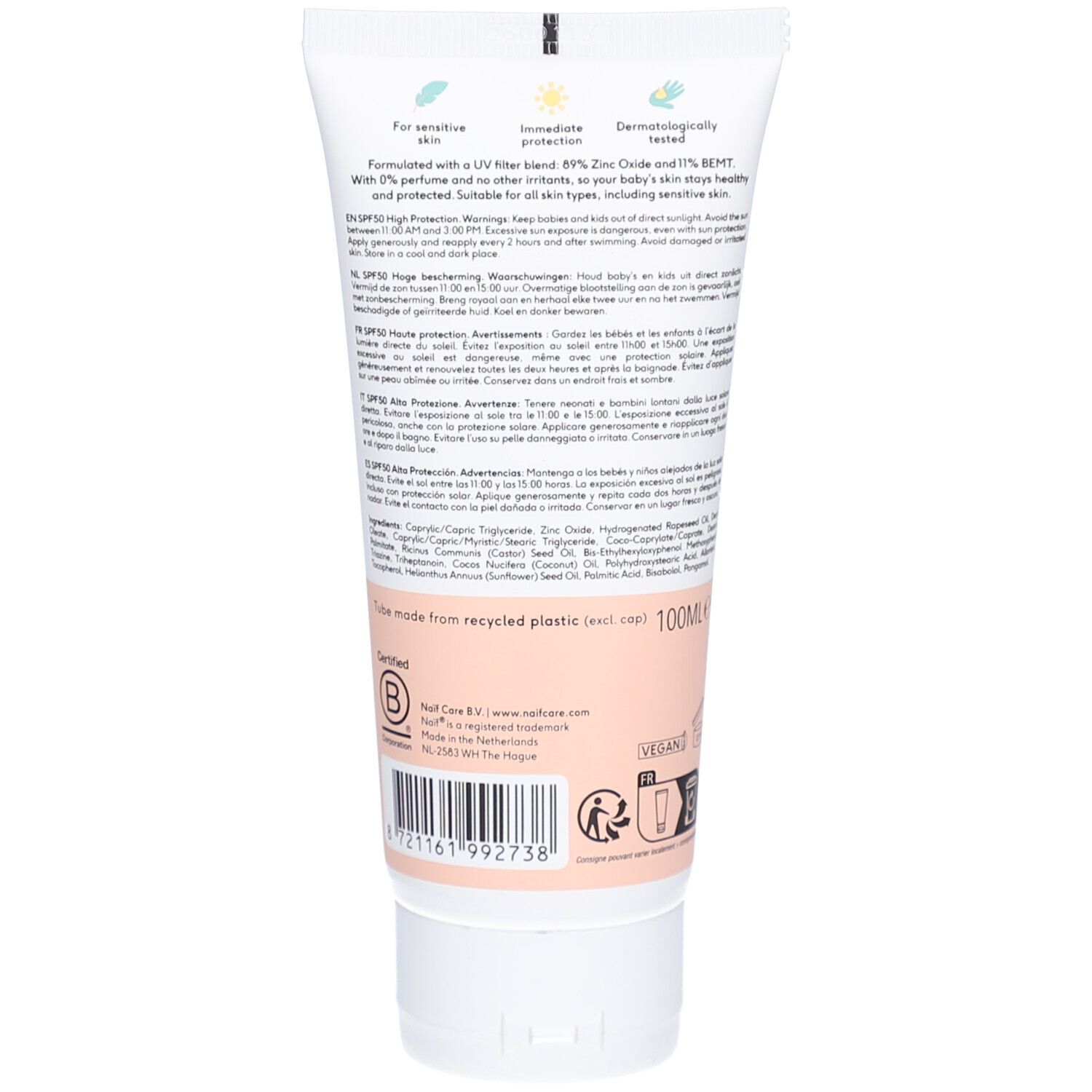 Dos du tube. Texte : Pour peaux sensibles, protection immédiate, testé dermatologiquement. Ingrédients et certifications.