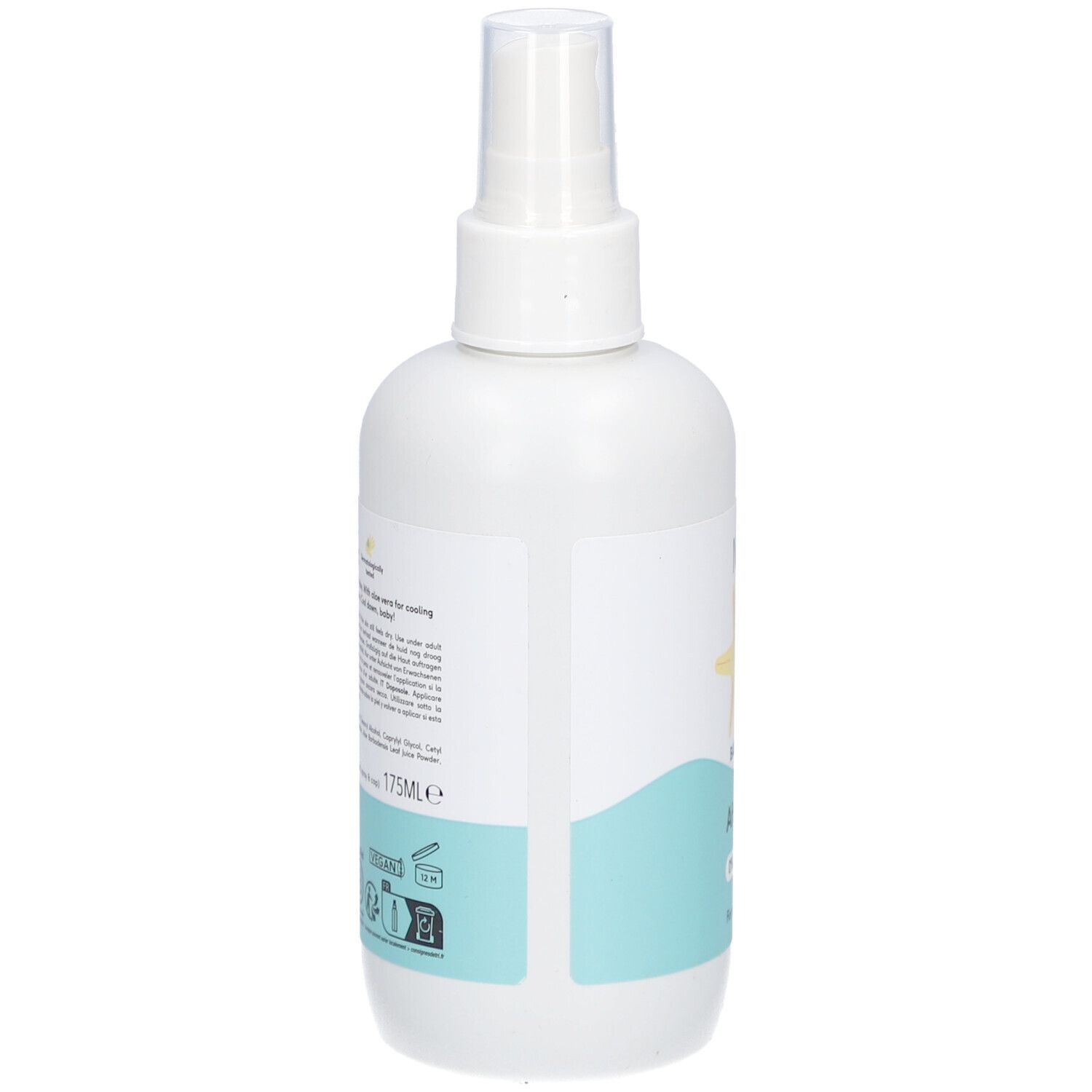 Dos du flacon spray blanc. Texte avec ingrédients et informations. 125ml. Logo végan.
