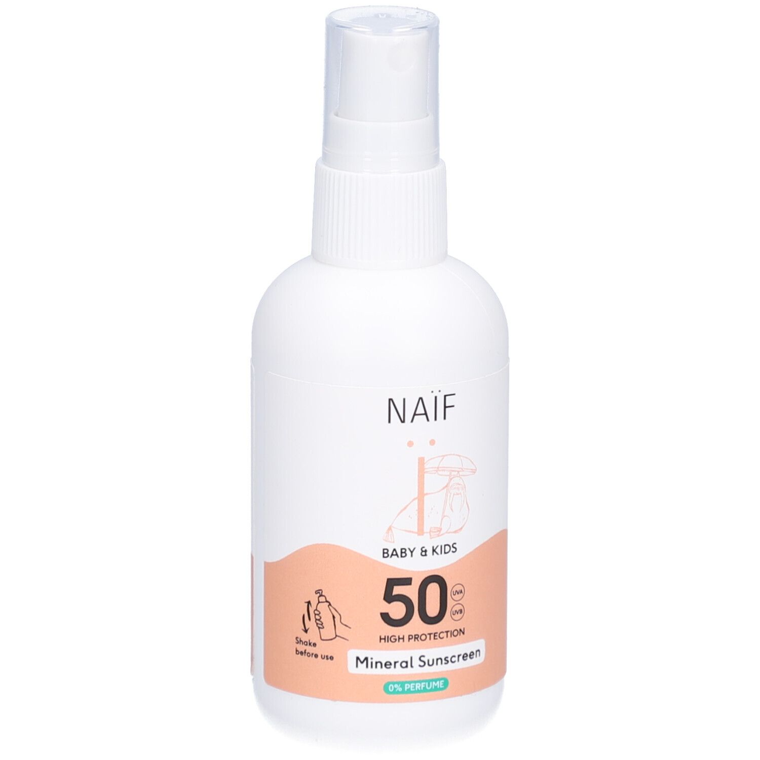 Flacon blanc avec vaporisateur. Inscription NAÏF, BABY & KIDS, 50 SPF, Mineral Sunscreen. Illustrations.
