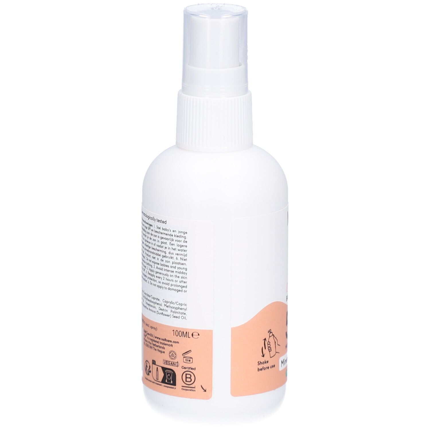 Dos du flacon blanc. Texte multilingue. Ingrédients et informations. 100ml.