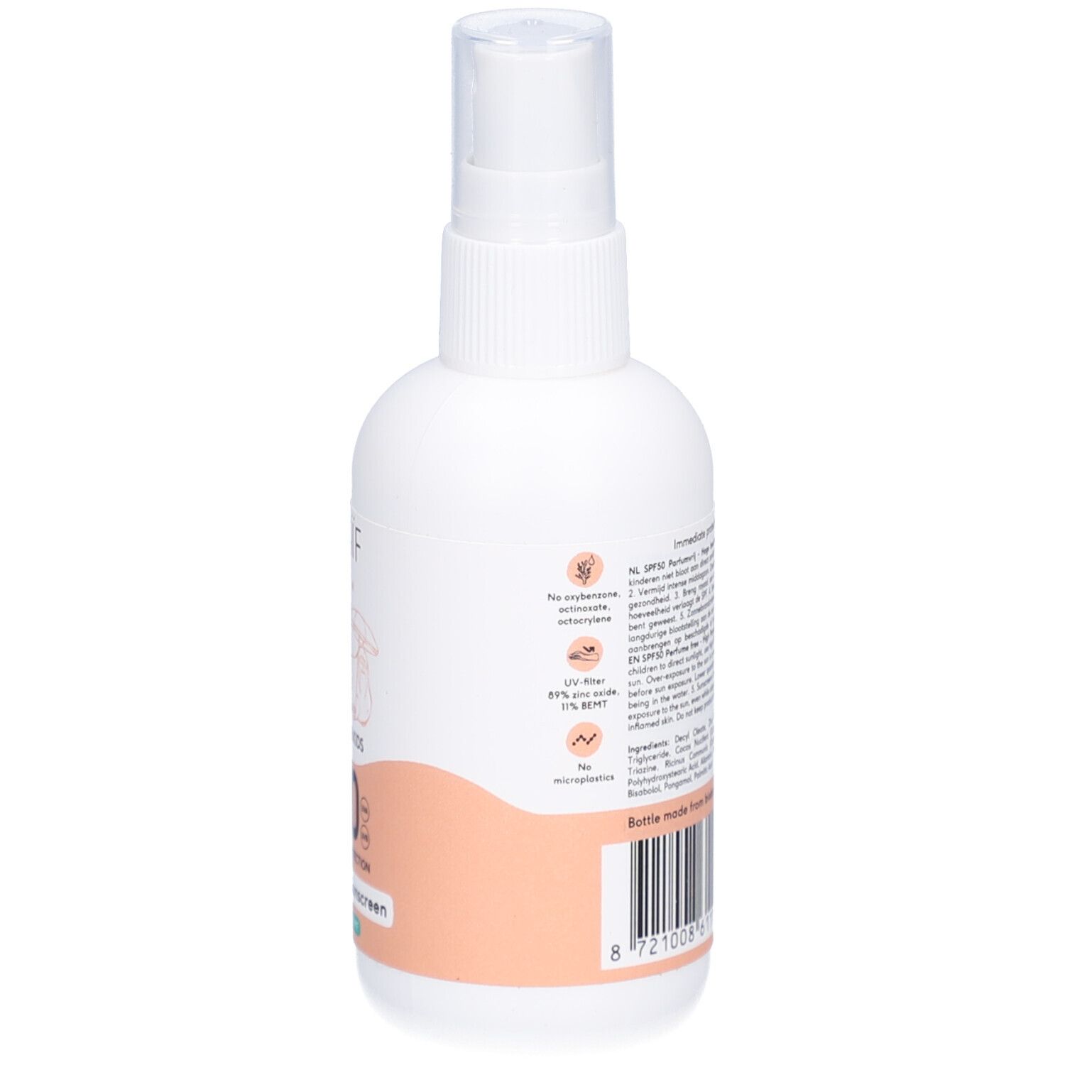 Dos du flacon blanc. Texte multilingue. Informations et pictogrammes. Code-barres.