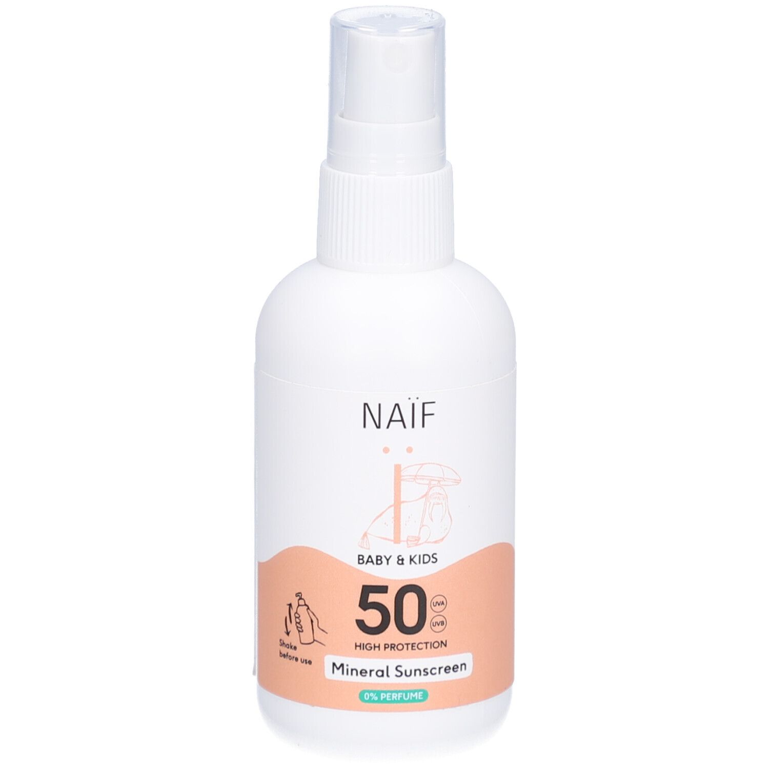 Flacon blanc avec vaporisateur. Inscription NAÏF, BABY & KIDS, 50 SPF, Mineral Sunscreen. Illustrations.
