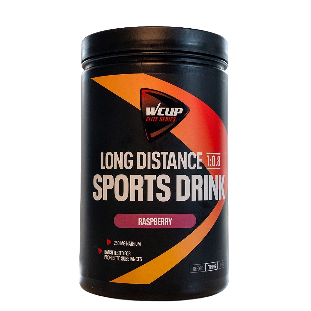 Récipient noir avec inscription "WCUP Elite Series Long Distance Sports Drink Raspberry".