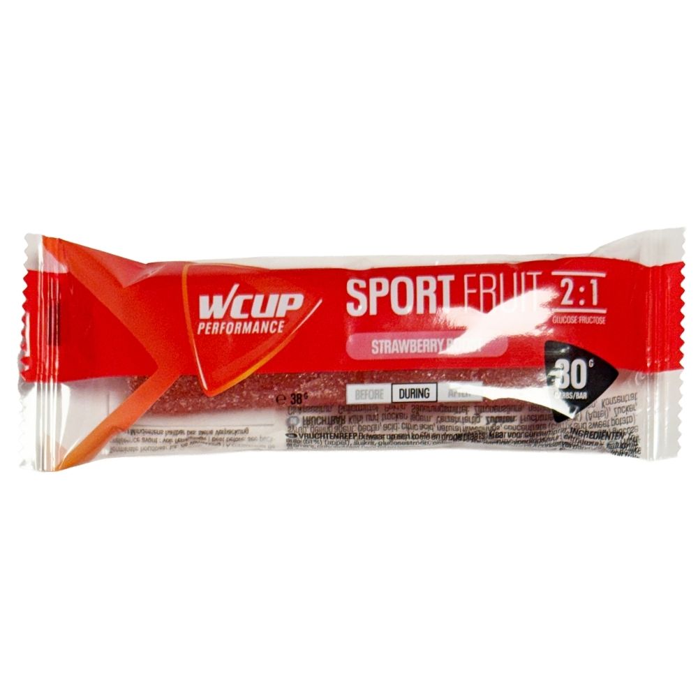 Barre WCUP Sport Fruit saveur Fraise. Emballage rouge avec logo et indication "2:1". "During" et "-30°" visibles.