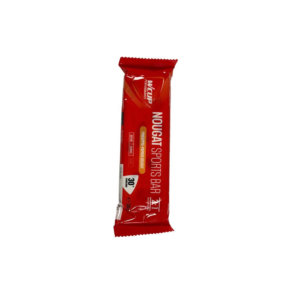 Emballage individuel pour "NOUGAT SPORTS BAR" avec logo "WCUP" et informations nutritionnelles.