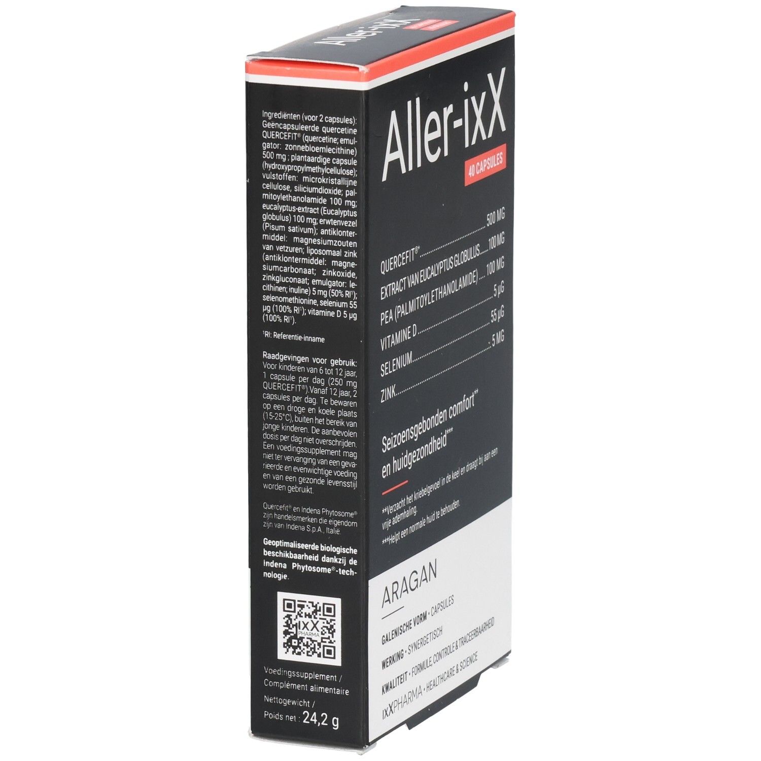 Vue latérale de la boîte Aller-ixX, 40 capsules. Ingrédients: Quercefit, Extrait d'Eucalyptus Globuleux, PEA, Vitamine D, Sélénium, Zinc. Marque: ARAGAN.