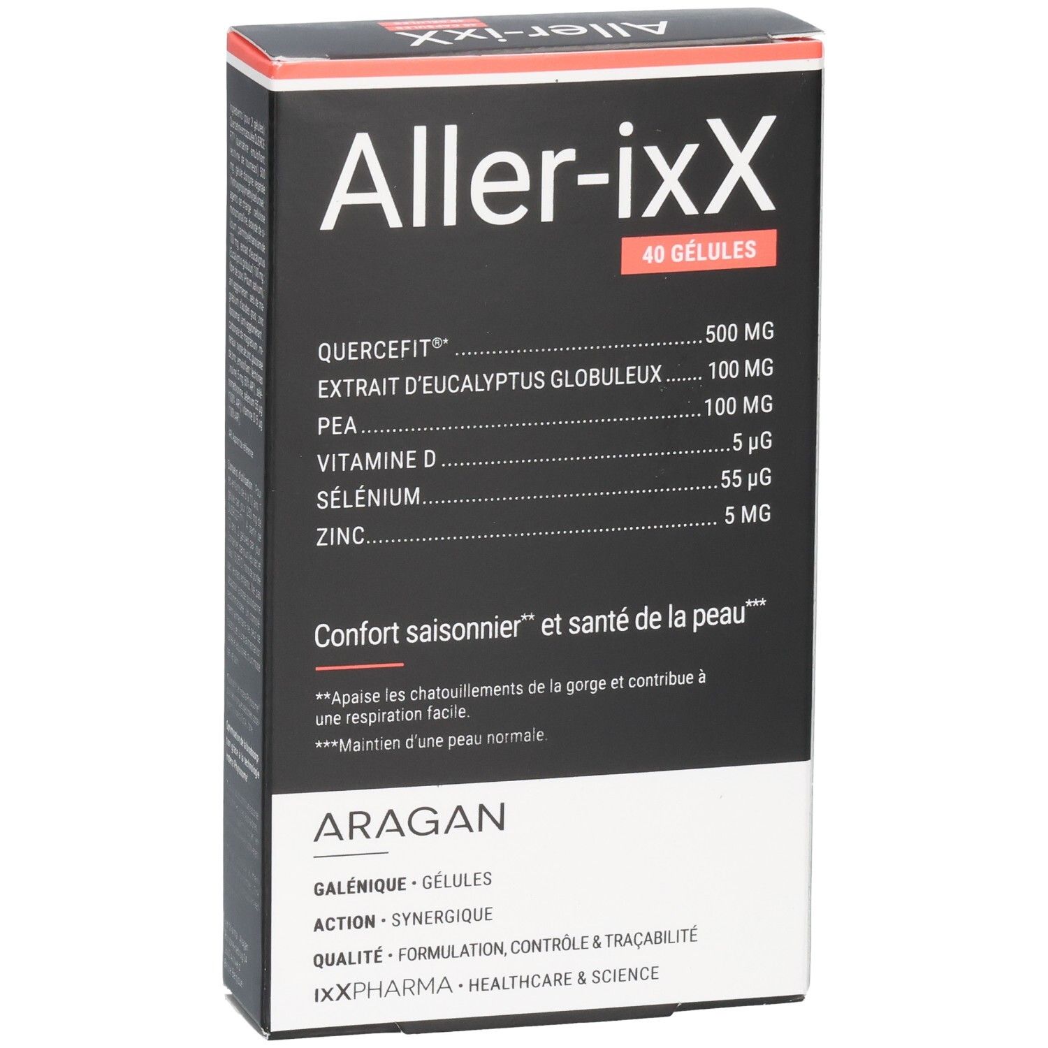 Boîte de Aller-ixX, 40 gélules. Ingrédients: Quercefit, Extrait d'Eucalyptus Globuleux, PEA, Vitamine D, Sélénium, Zinc. Marque: ARAGAN.