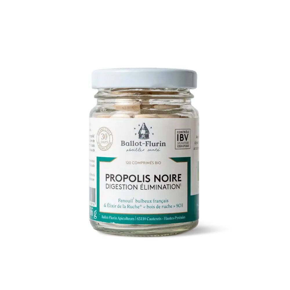 Pot de comprimés. Inscription: Propolis Noire, Digestion Élimination. Marque: Ballot-Flurin. Avec label IBV.