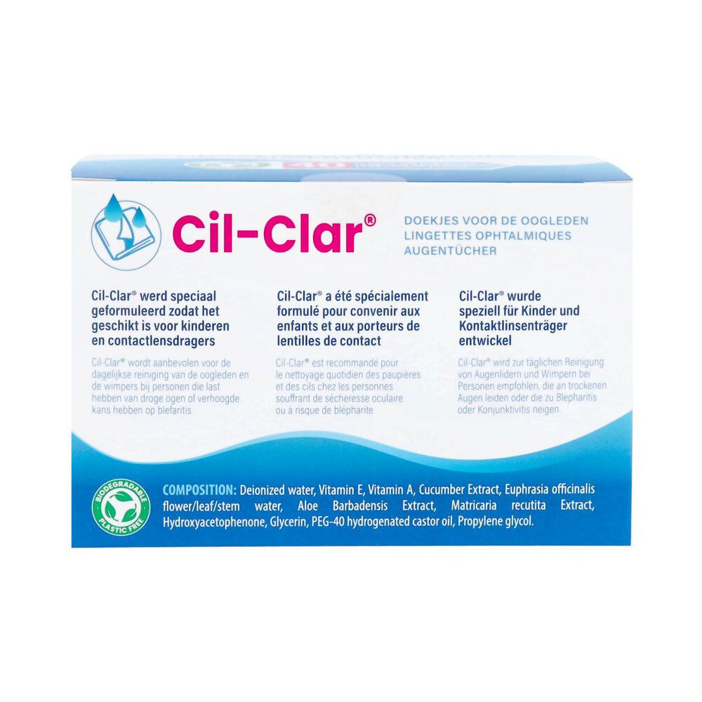Arrière de l'emballage des lingettes oculaires Cil-Clar avec informations produit et composition.
