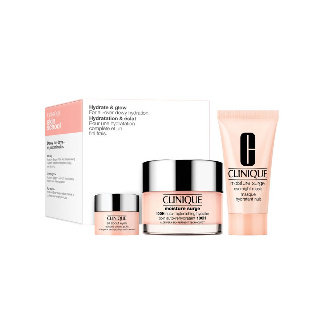 Coffret Clinique avec hydratant, crème yeux et masque nuit. Emballage rose.