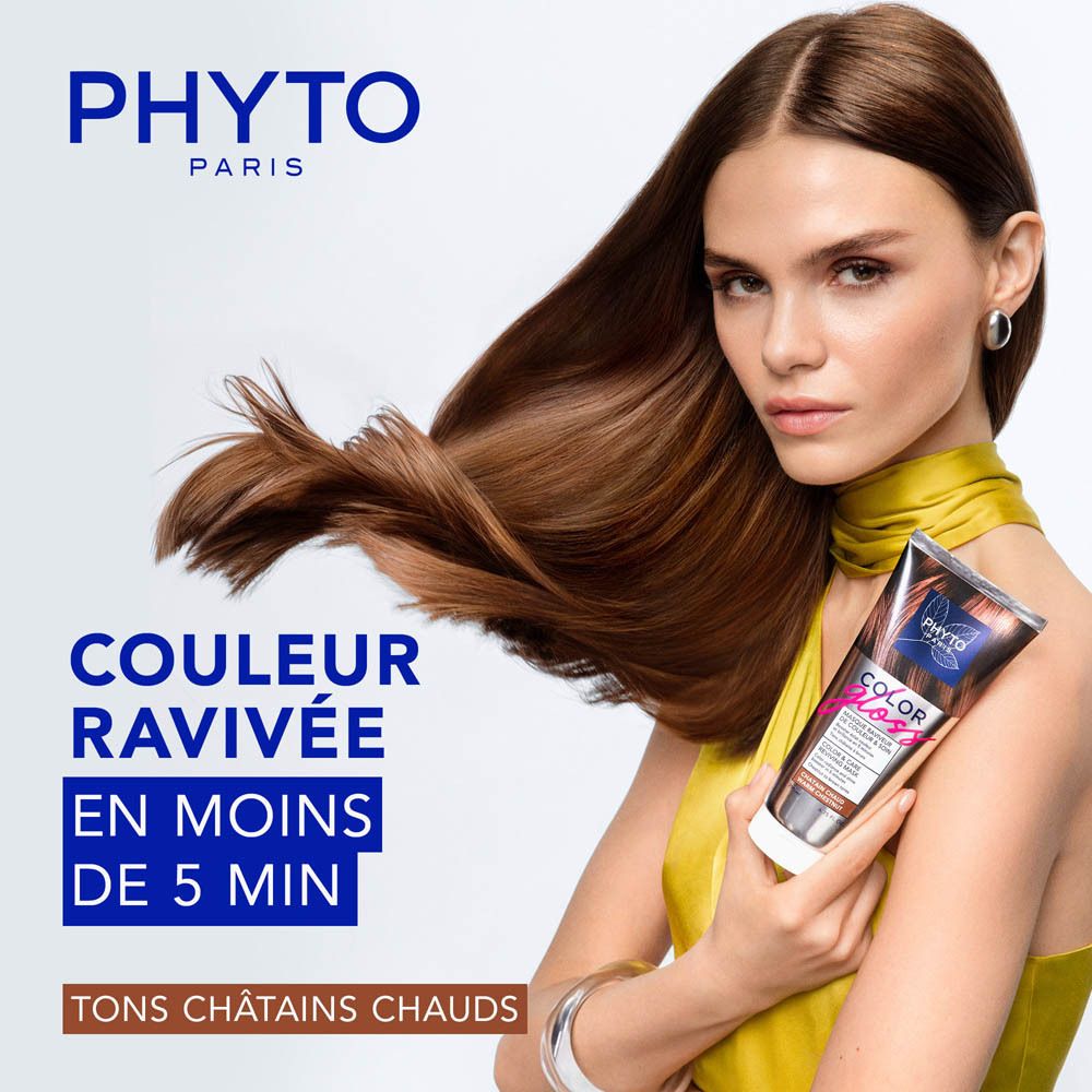 Phyto Paris Color Gloss Masque : femme aux cheveux châtains brillants tenant le tube.