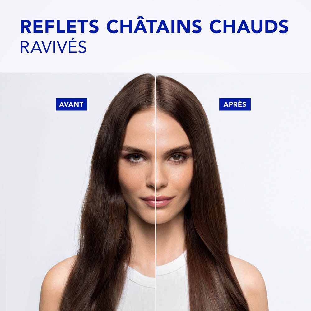 Phyto Paris Color Gloss Masque : comparaison avant/après de cheveux châtain chaud.