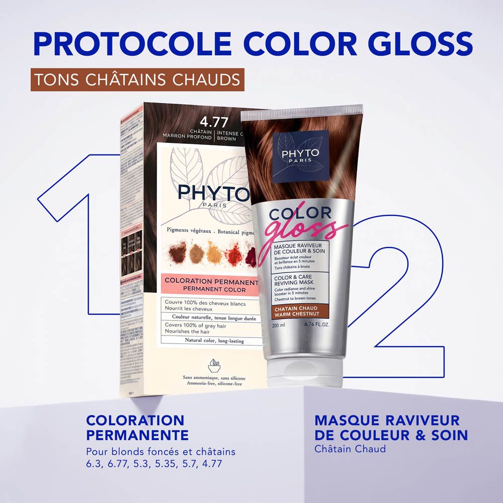 Phyto Paris Color Gloss Masque et coloration permanente pour tons châtain chaud.