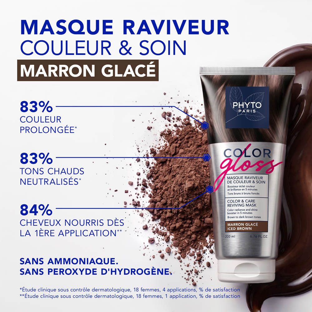 Masque Phyto Color Gloss Marron Glacé. Tube de 200ml, pour prolonger la couleur et la brillance.