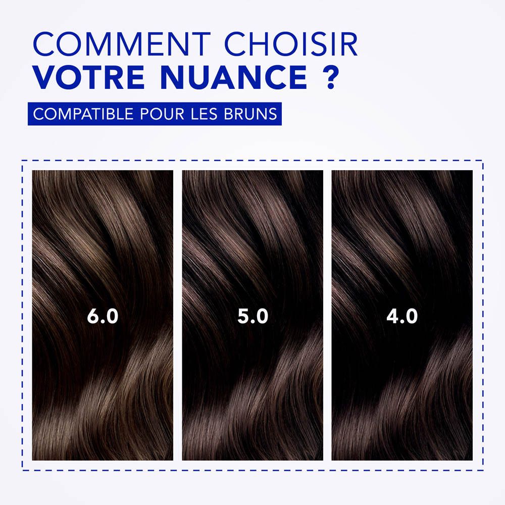 Trois mèches de cheveux montrant les nuances de couleur 6.0, 5.0 et 4.0.
