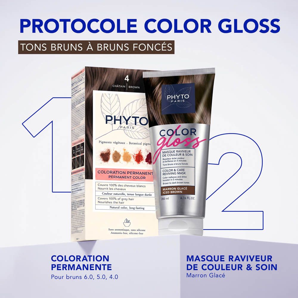 Phyto Color Gloss : coloration permanente et masque brillance bruns. Boîte et tube.