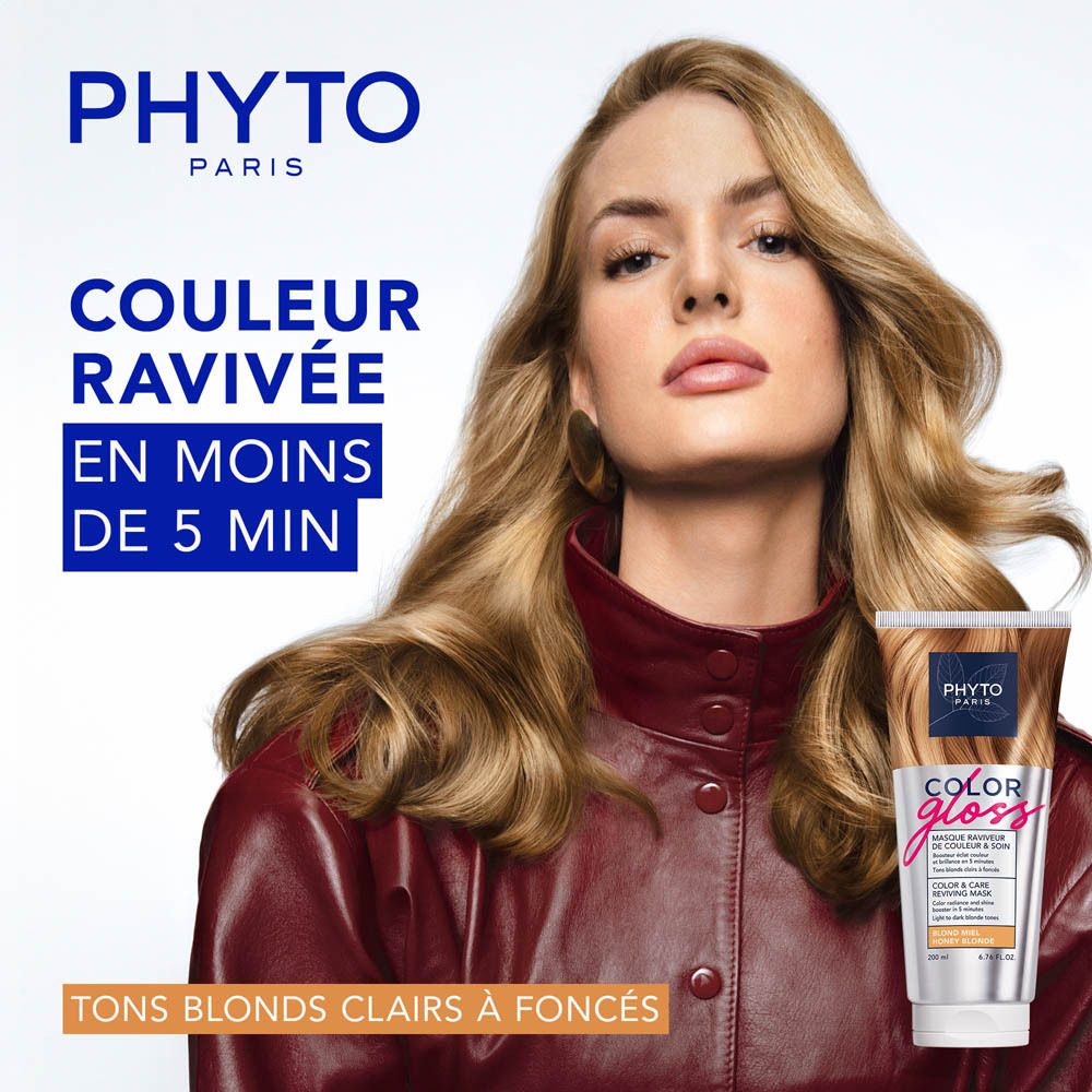 Phyto Paris Color Gloss Masque avec modèle et informations produit.