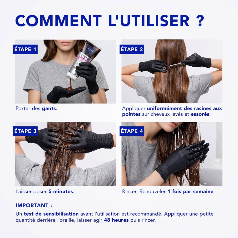 Étapes d'application du Phyto Paris Color Gloss Masque.