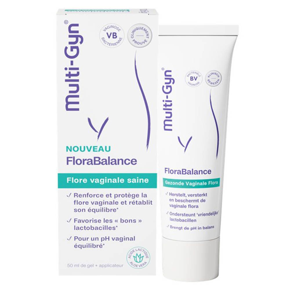 Tube de gel Multi-Gyn FloraBalance. Étiquetage en français et allemand.