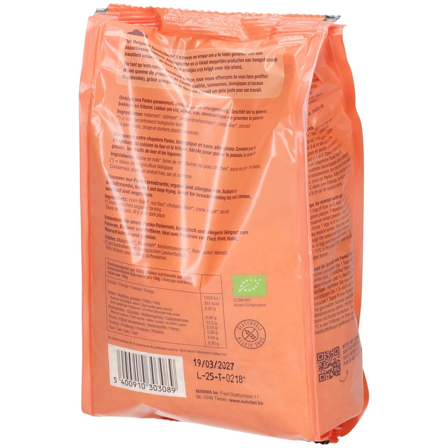 Dos de l'emballage orange de chapelure Panko. Texte multilingue. Label bio. Date de péremption.