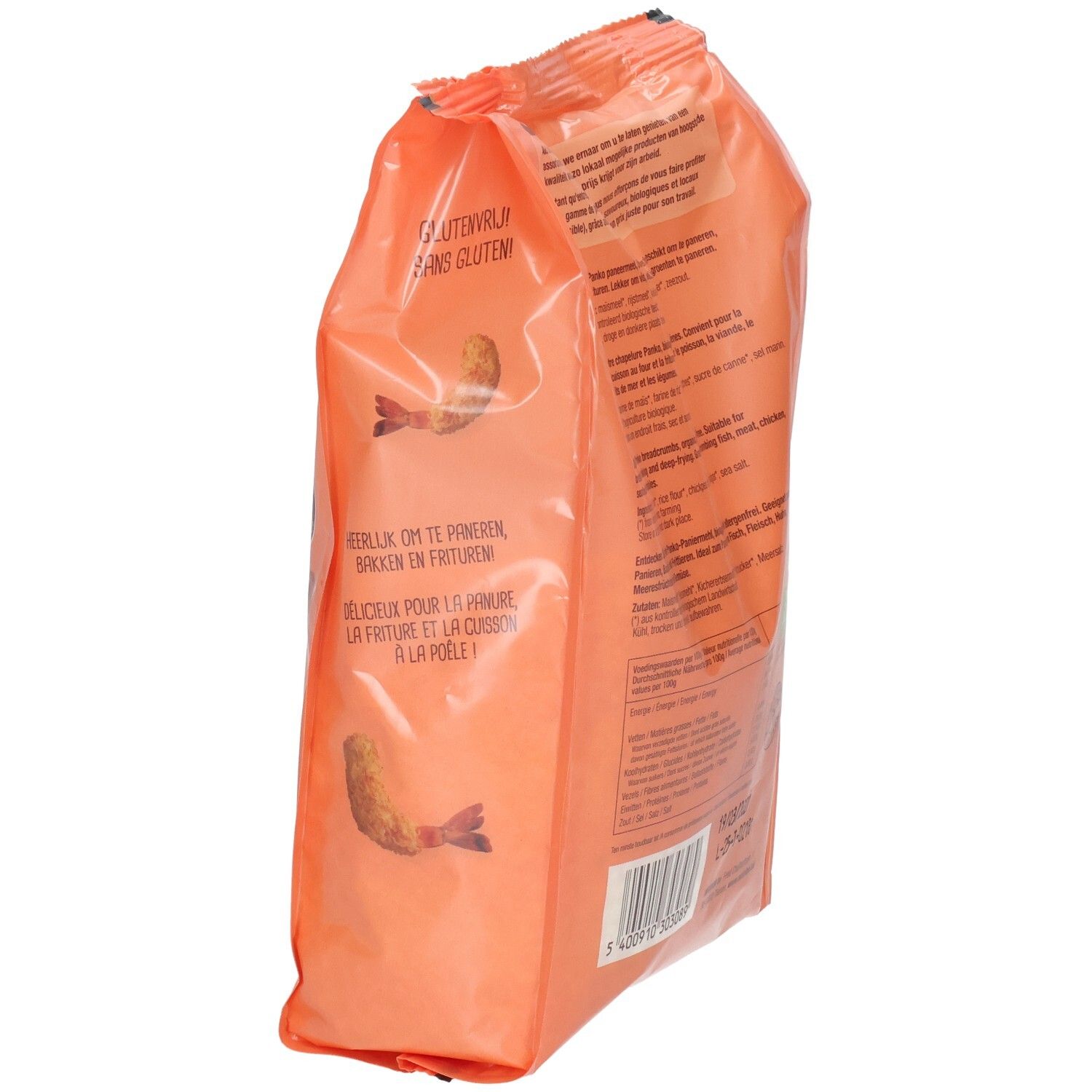 Dos incliné de l'emballage orange de chapelure Panko. Texte multilingue. Mention sans gluten.