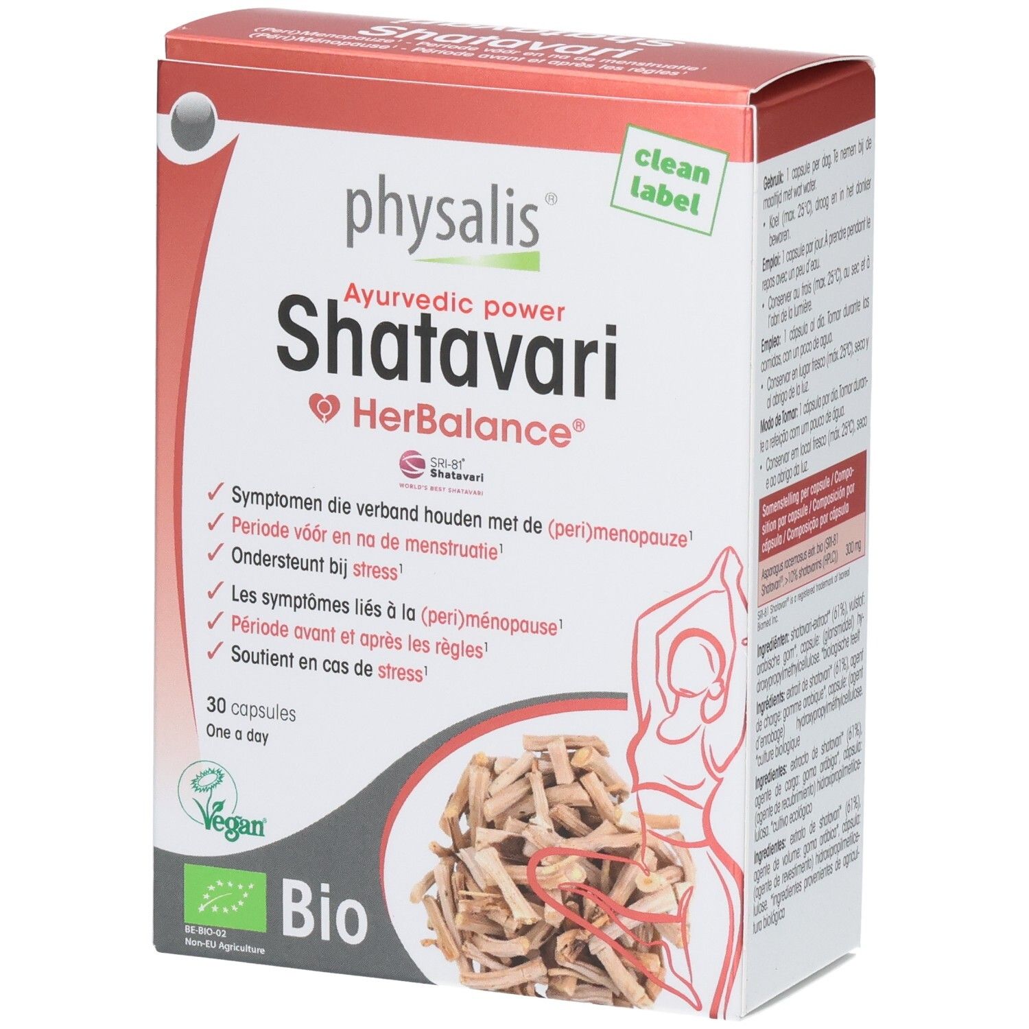 Face avant de la boîte Physalis Shatavari HerBalance avec logos Bio et Vegan.