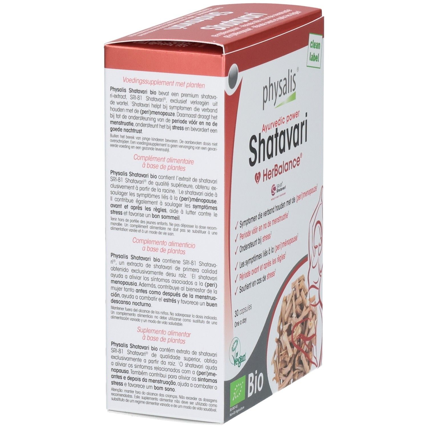 Vue latérale de la boîte Physalis Shatavari HerBalance avec informations détaillées.