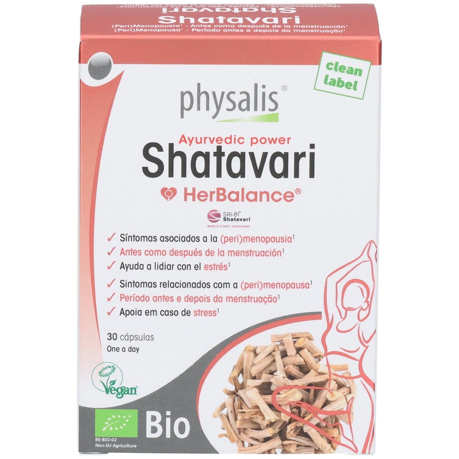 Boîte Physalis Shatavari HerBalance avec illustration de racines de Shatavari et silhouette féminine.