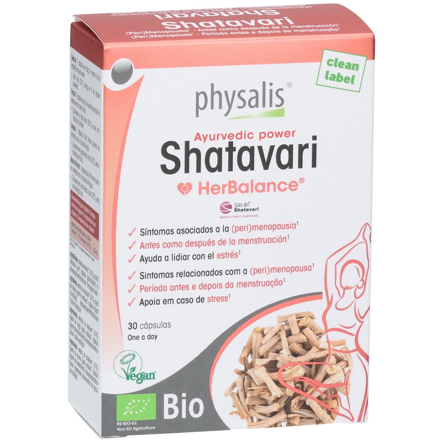 Vue de face de la boîte Physalis Shatavari HerBalance, 30 capsules, qualité Bio.