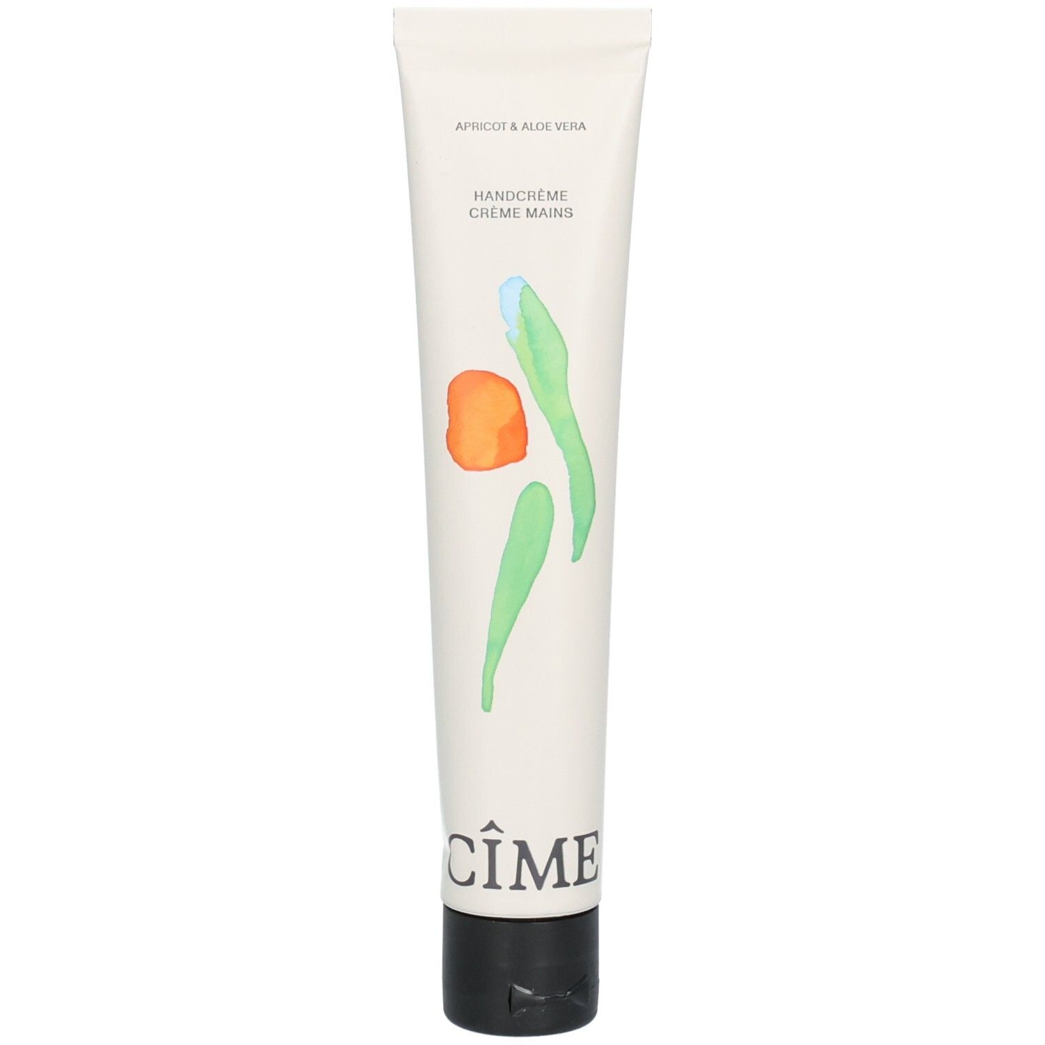 Tube de crème avec bouchon noir. Inscriptions : Handcrème, Cîme. Illustrations : formes orange et vertes. Texte : Apricot & Aloe Vera.
