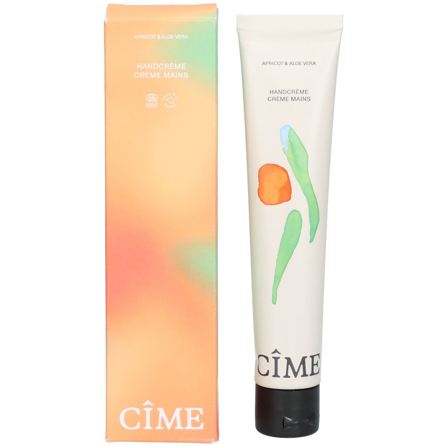 Tube de crème et emballage côte à côte. Emballage : dégradé orange-vert. Inscriptions : Handcrème, Cîme. Illustrations : formes orange et vertes.