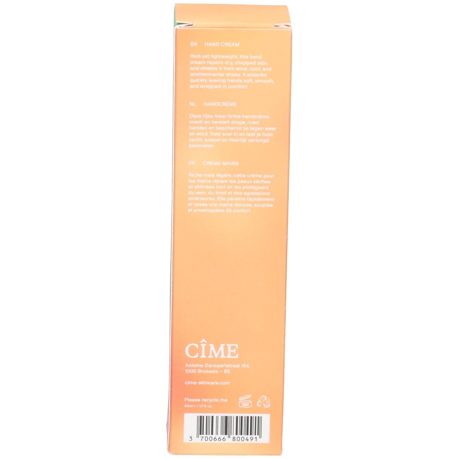 Emballage, vue détaillée. Texte multilingue. Informations sur les ingrédients et l'utilisation. Logo Cîme et coordonnées.