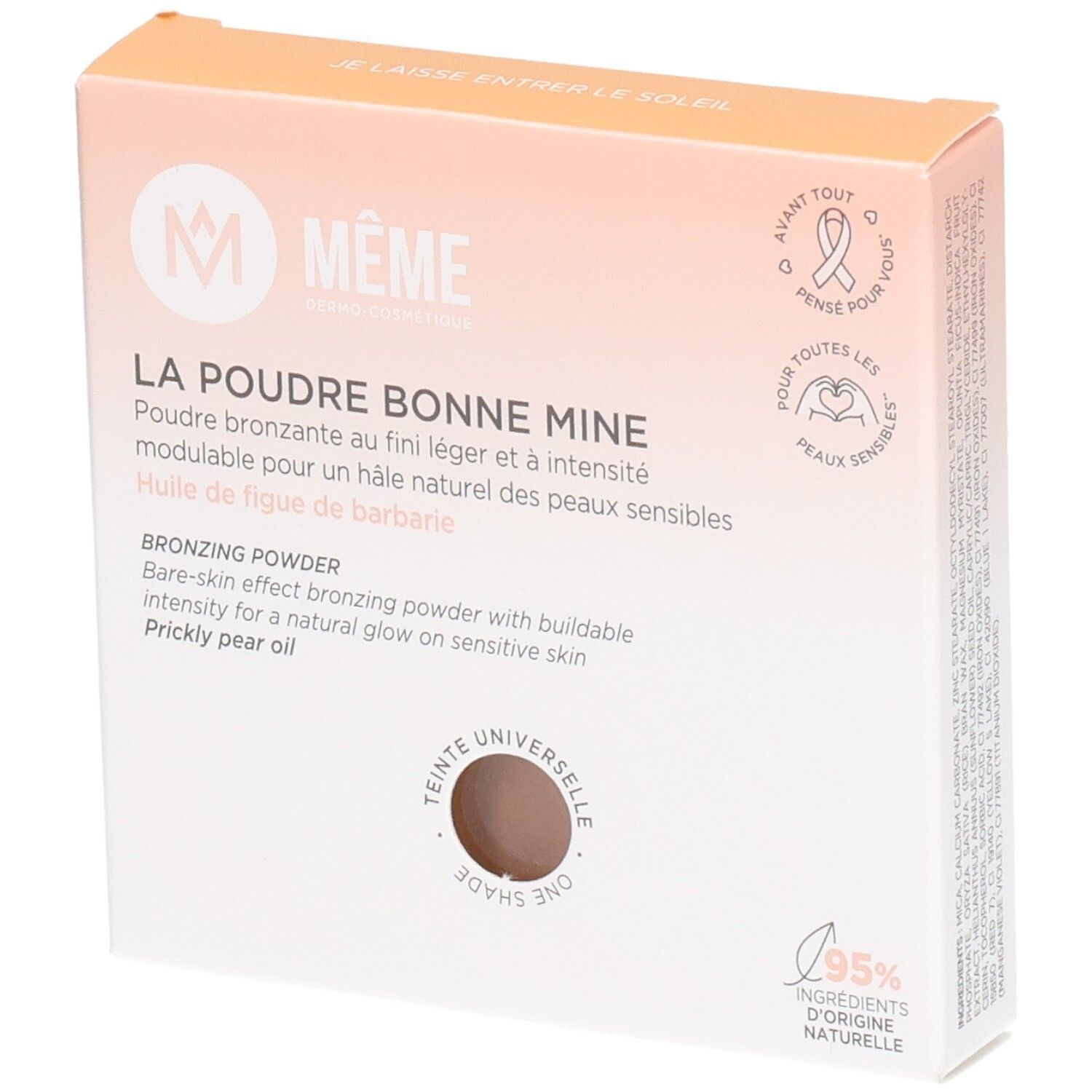 MEME Zonnepoeder 8g. Boîte rectangulaire rose et blanche. Inscription: LA POUDRE BONNE MINE, Bronzing Powder. Produit visible au centre.